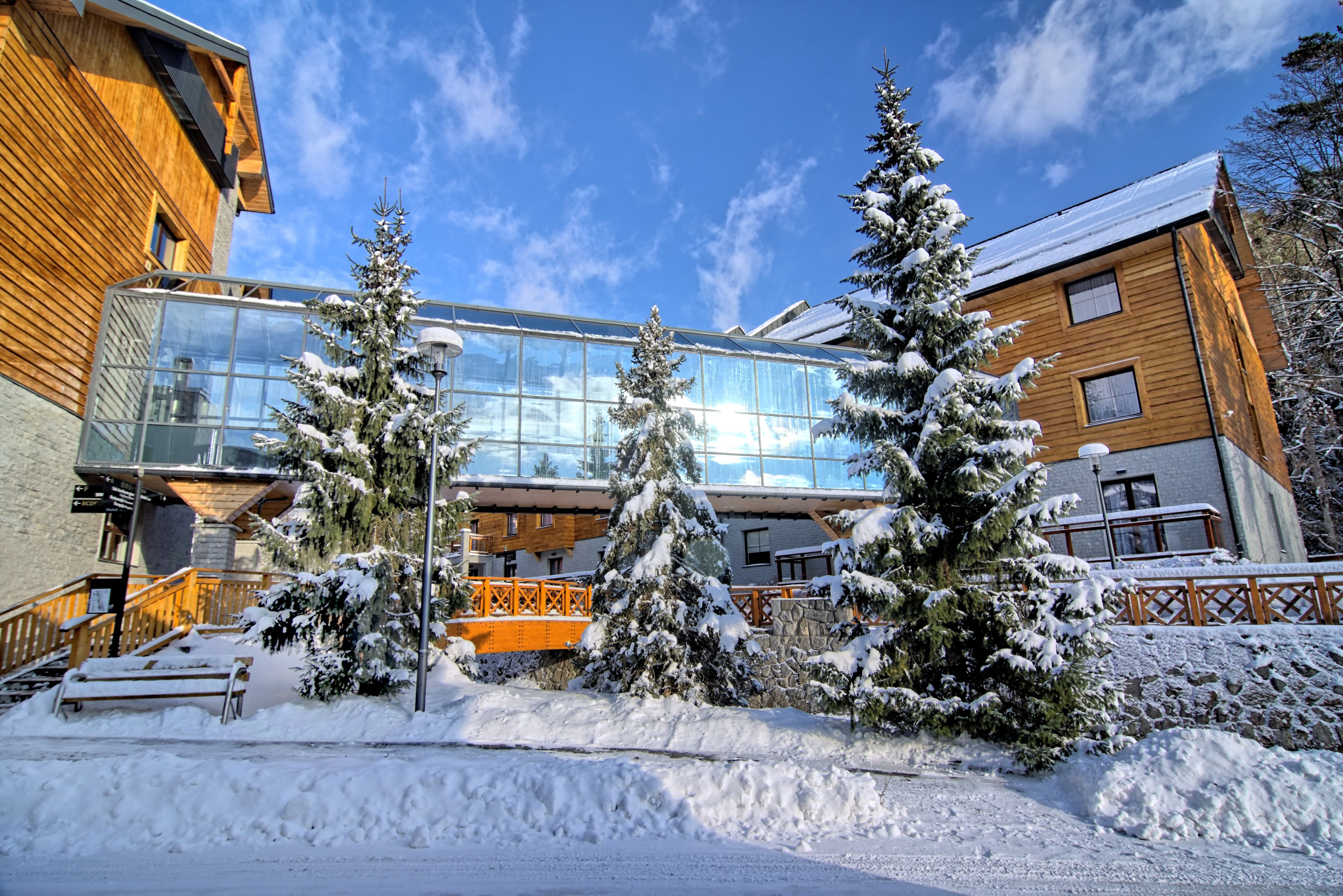 Ein modernes Gebäude mit Glasfassade, Holzbeschichtung und schneebedeckten Bäumen davor.