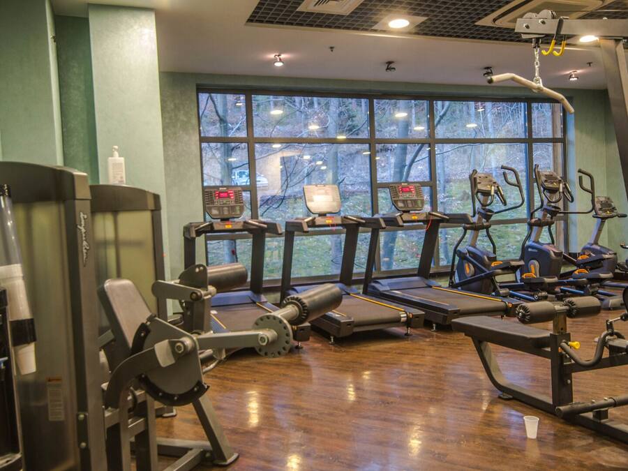 A gym with various exercise equipment, large windows, and a wooden floor.