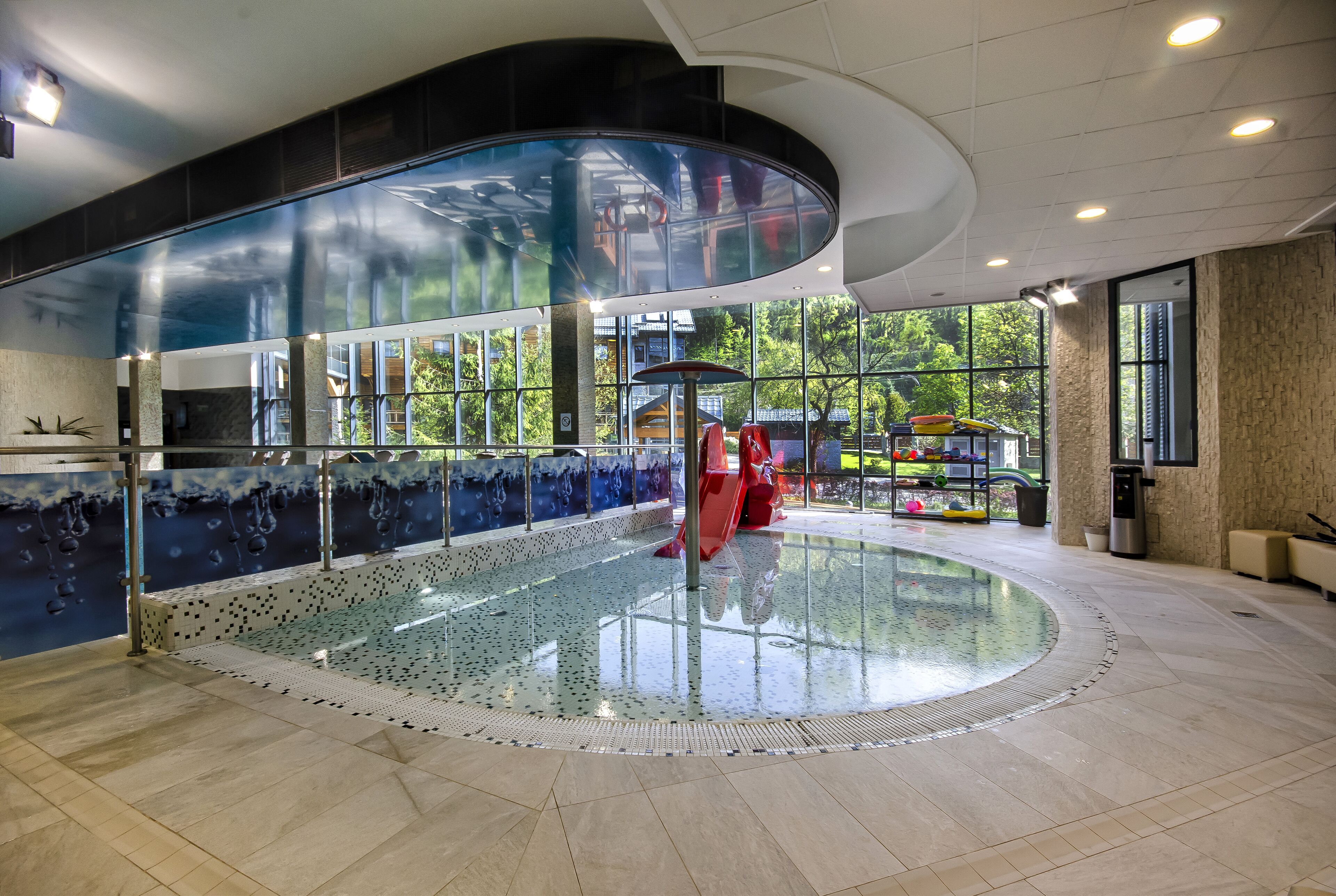 indoor pool, open 7 am to 11 pm, pool loungers