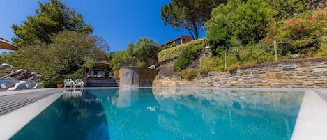 Seasonal outdoor pool, open 9:00 AM to 8:00 PM, pool umbrellas