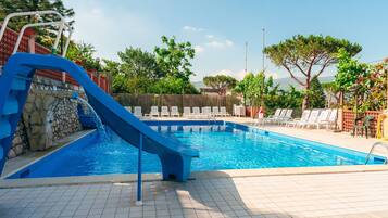 Seasonal outdoor pool, pool umbrellas, pool loungers