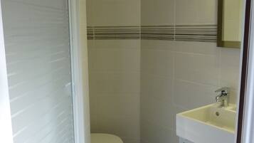 A bathroom with a toilet, a sink, and a shower.