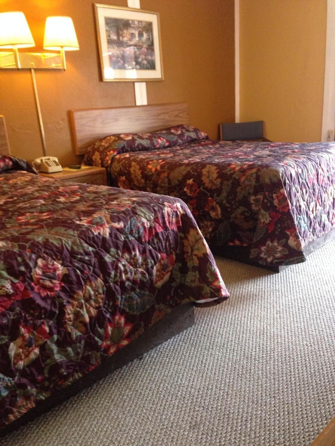 Habitación de hotel con dos camas, cada una con una colcha estampada con motivos florales, una mesita de noche con lámpara y un cuadro en la pared.