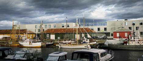 A marina with various boats docked, a building with a green roof, and a red building in the background.