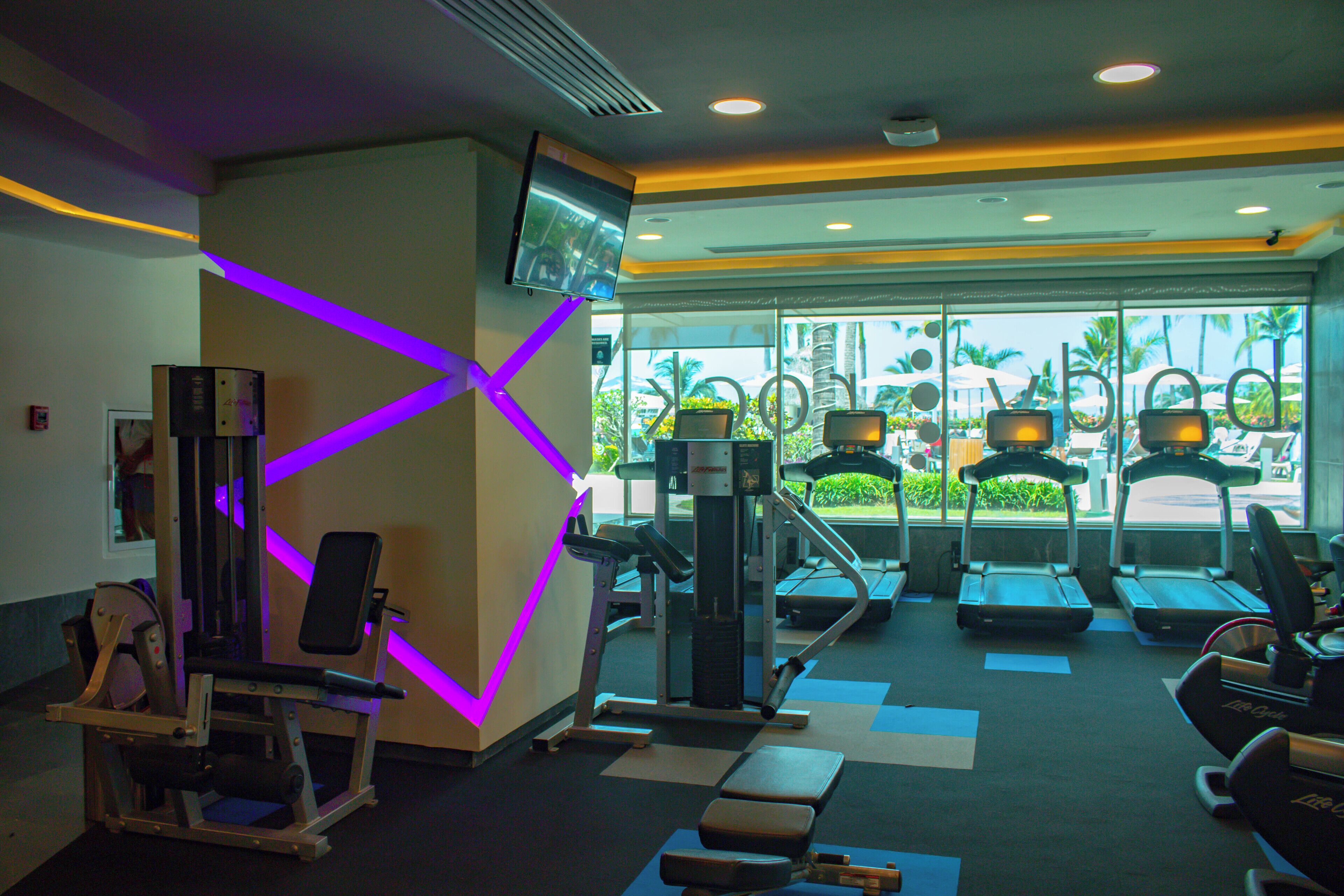 Un gimnasio con equipo de ejercicio, un televisor montado en la pared y ventanas amplias con vistas a palmeras.