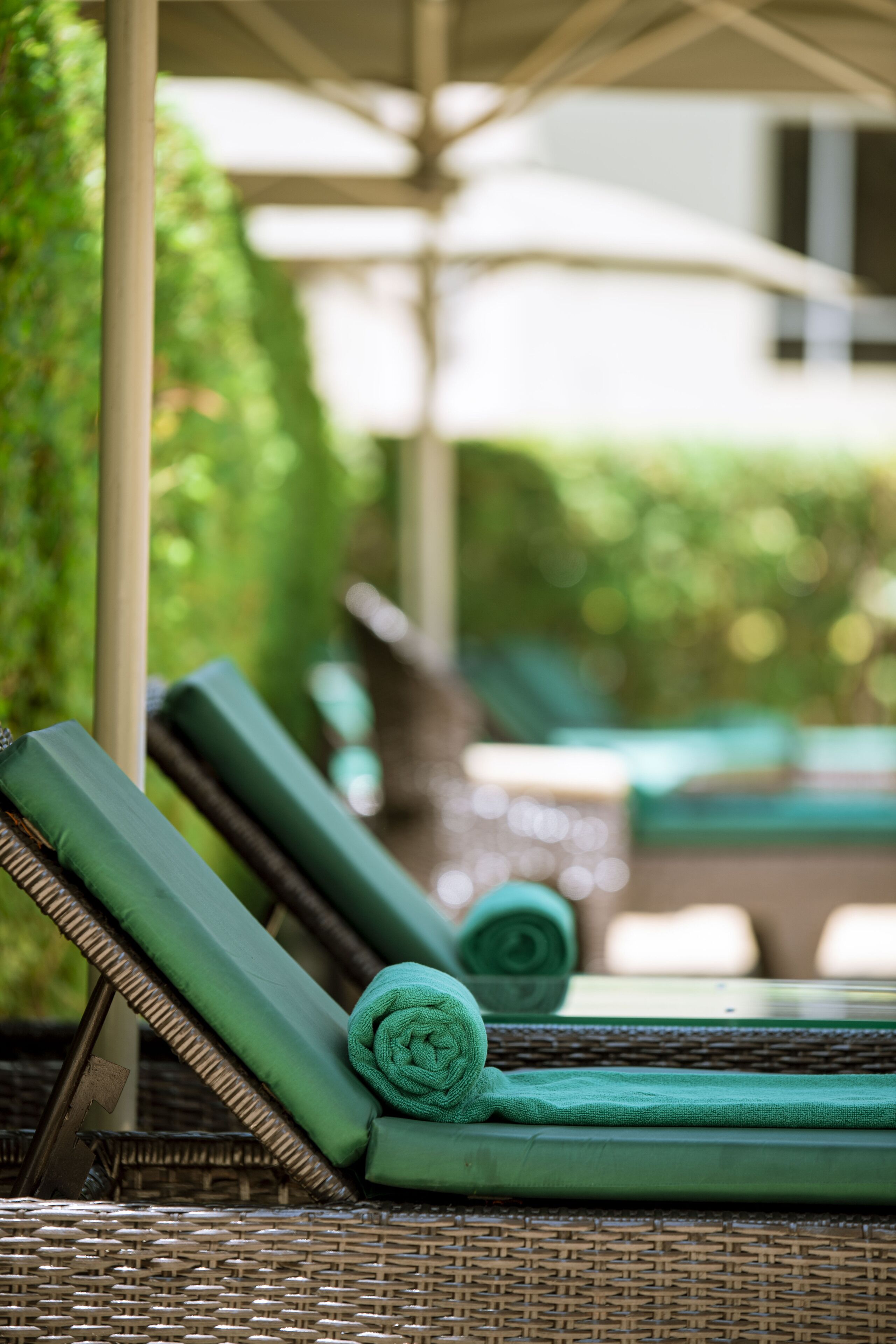 A row of wicker lounge chairs with green cushions, some rolled up, under a canopy.