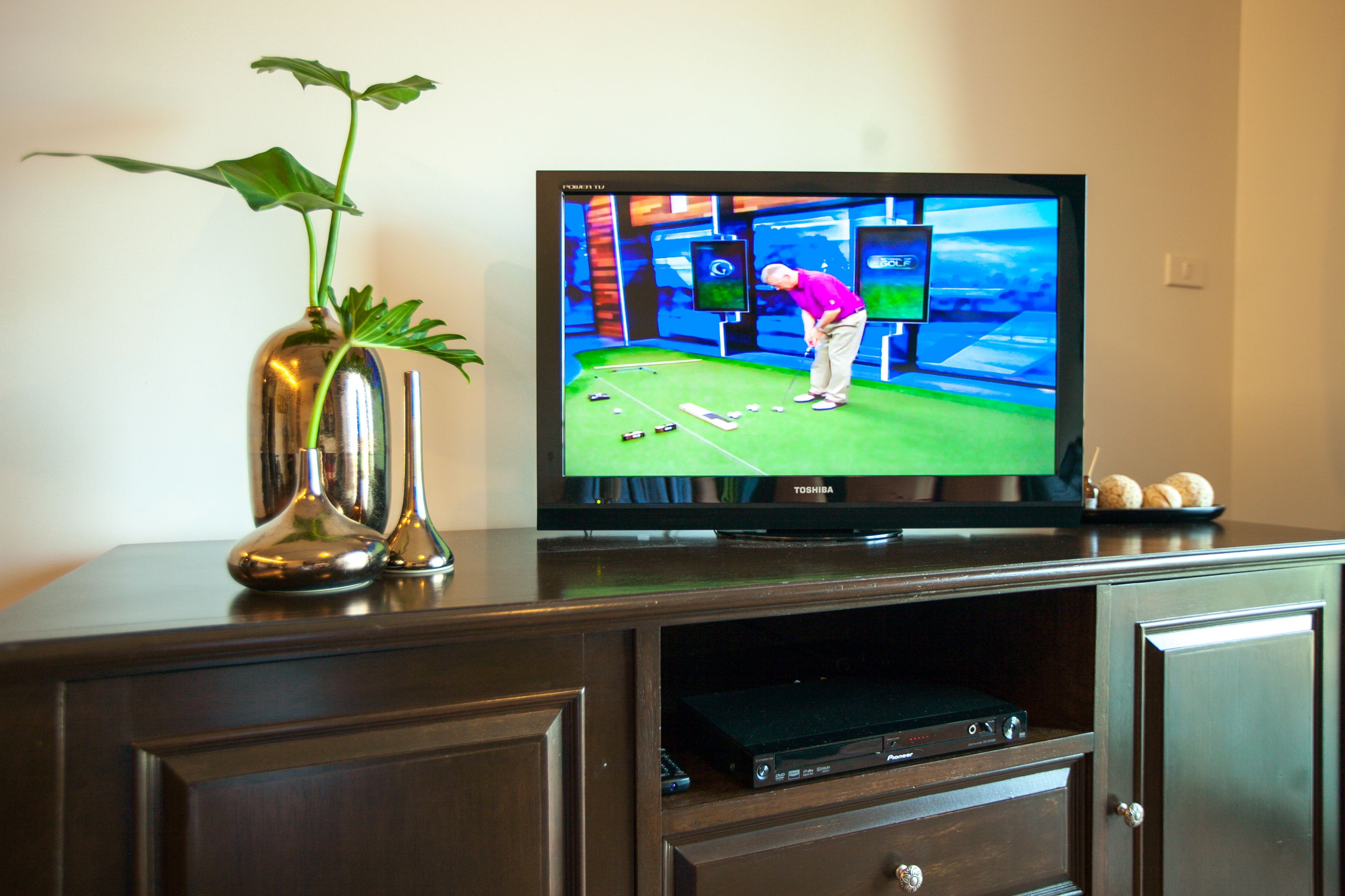 A television on a wooden cabinet with a plant beside it.