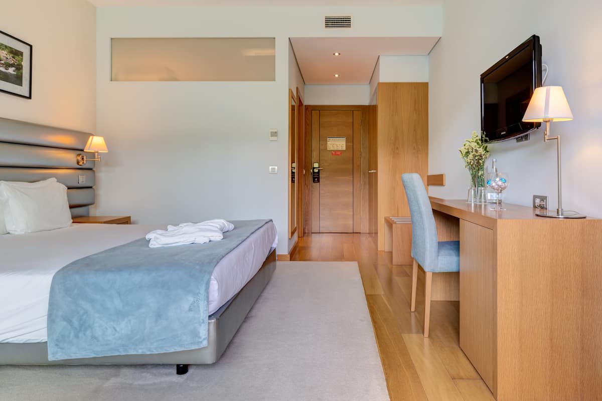 A hotel room with a bed, a desk, a chair, a TV, and a lamp.