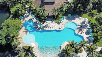 Outdoor pool, pool umbrellas, pool loungers