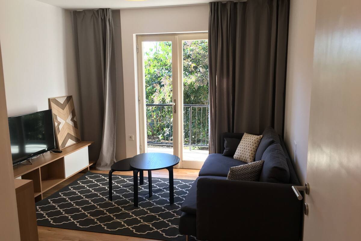 A modern living room with a sofa, a TV, a small table, and a patterned rug.