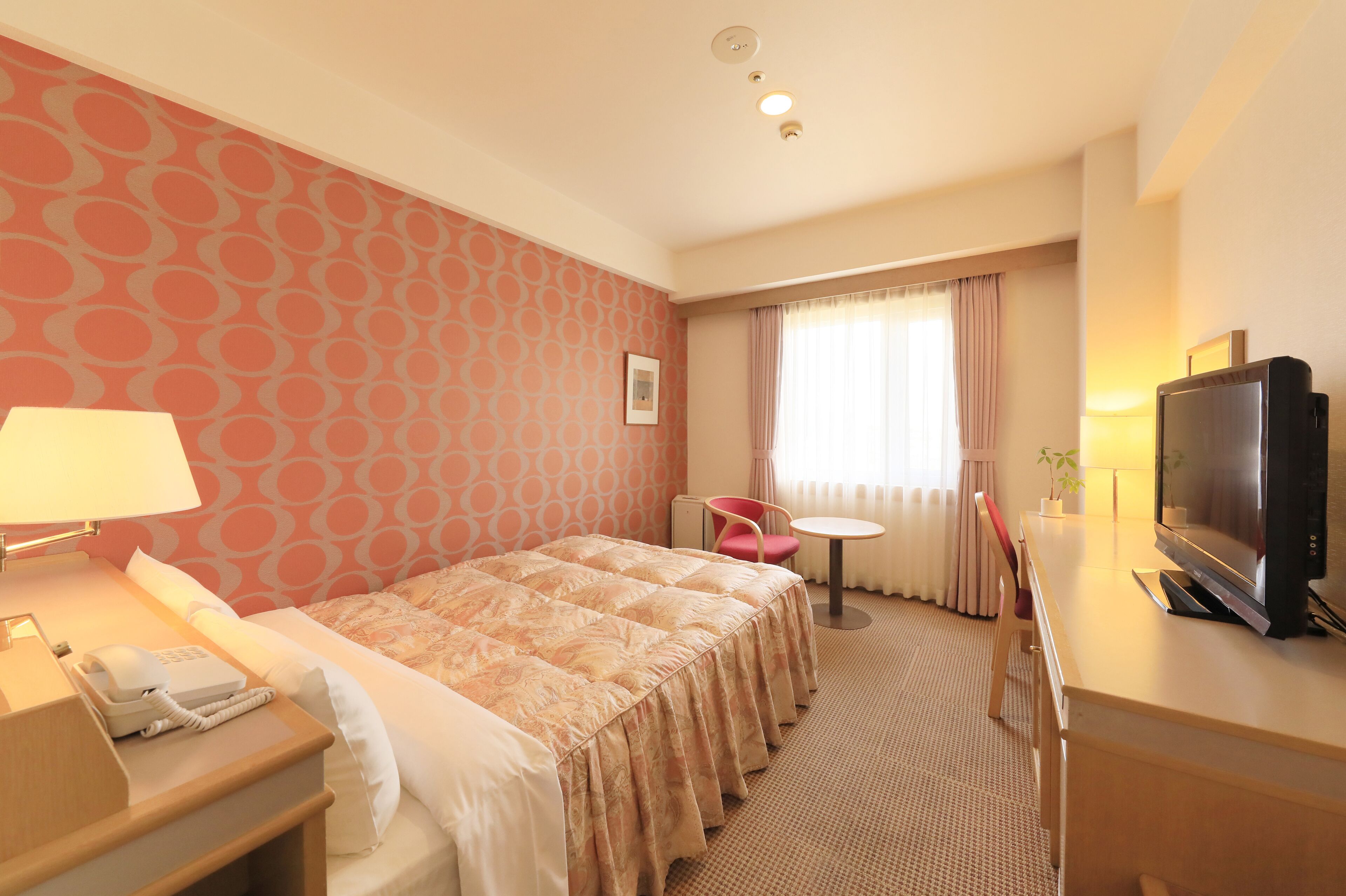 down duvets, desk, laptop workspace, blackout curtains