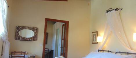 A bedroom with a bed, a bedside table, a chair, a mirror, and a ceiling fan.