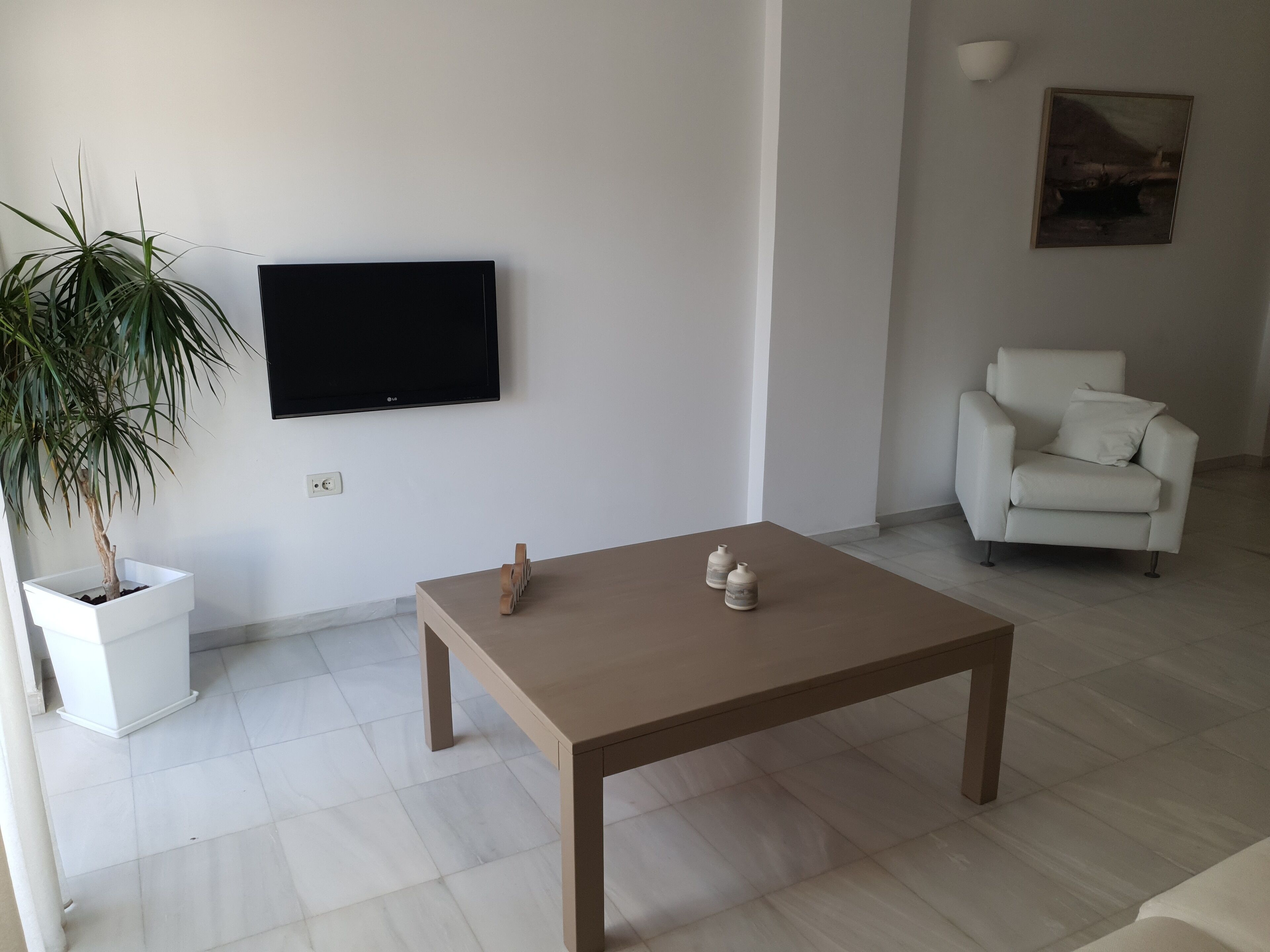 A living room with a flat-screen TV, a white armchair, a coffee table, and a potted plant.
