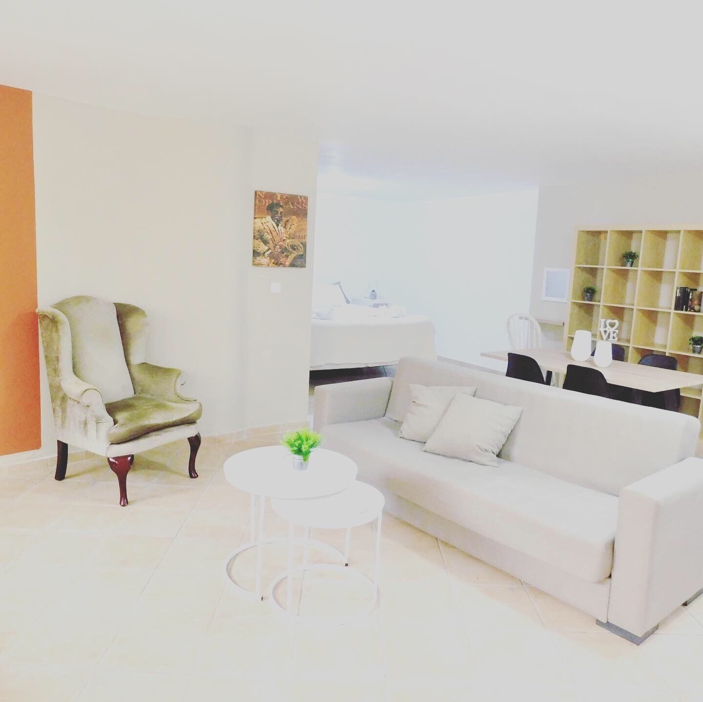 A living room with a green armchair, a white sofa, and a small white table. There is a bookshelf with various items and a painting on the wall.