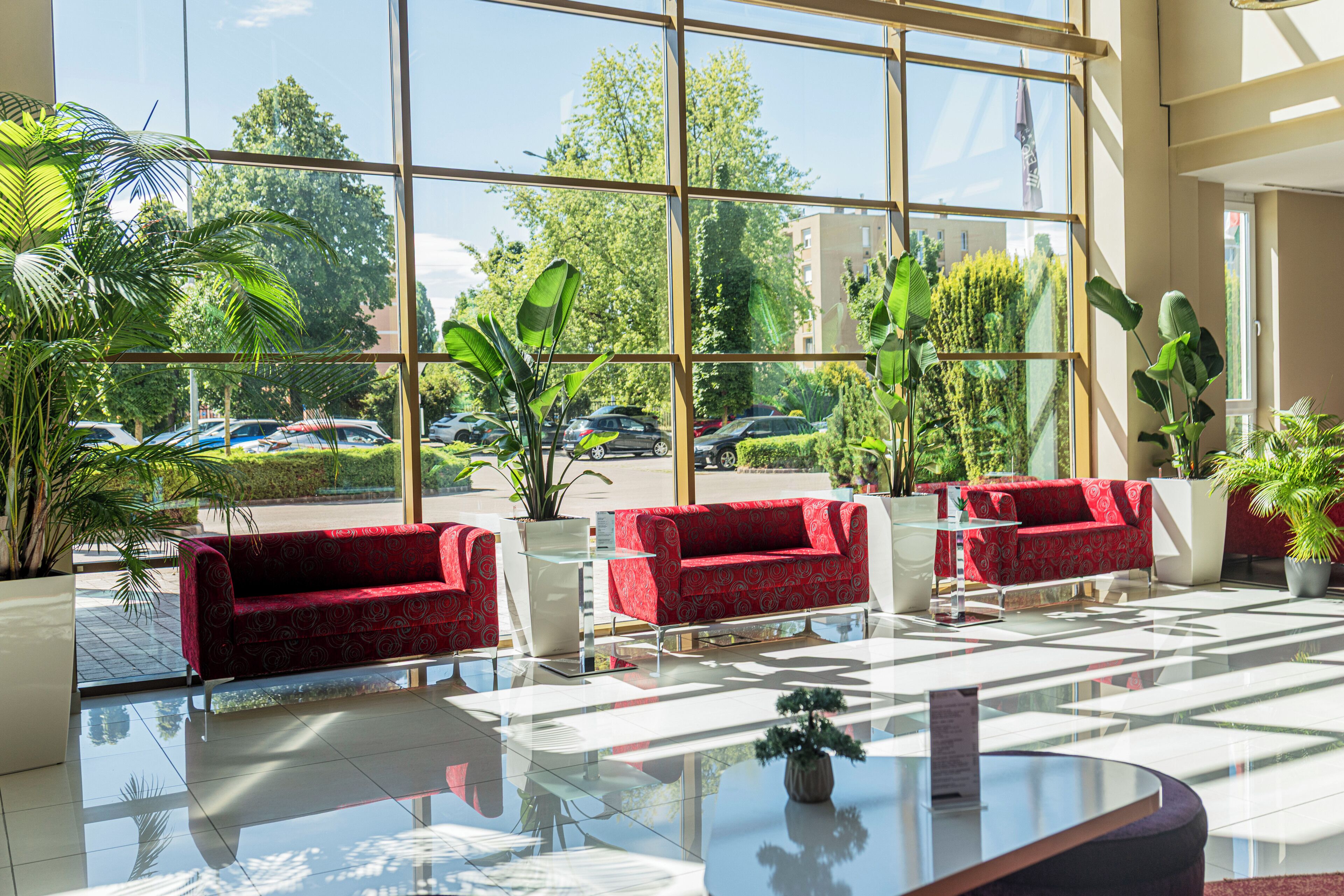 Eine Hotelhalle mit roten Sofas, einem Glastisch und großen Fenstern, die einen Blick auf geparkte Autos und Grünflächen bieten.