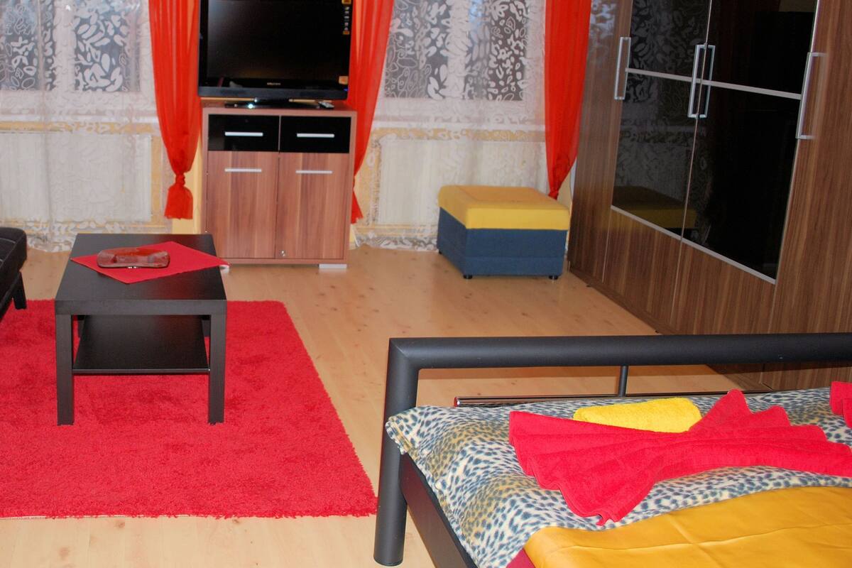 A bedroom with a bed, a TV, a wardrobe, and a red carpet.