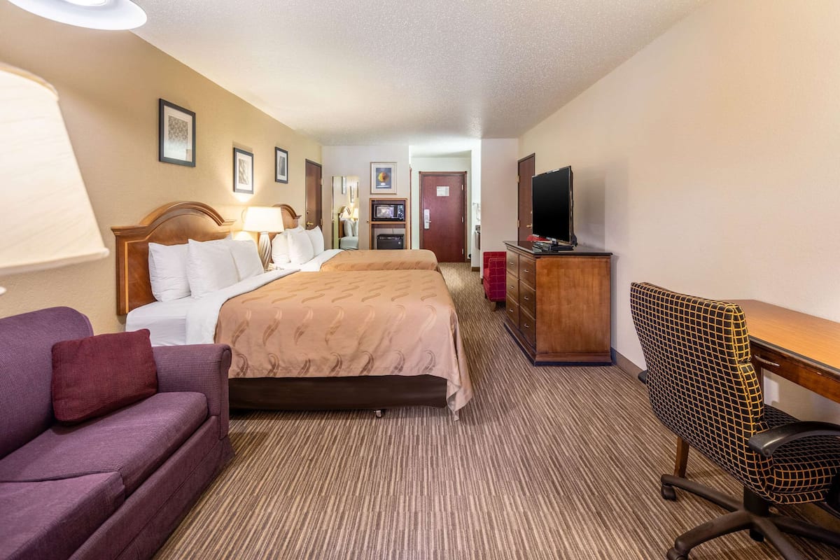 A hotel room with a bed, a desk, a chair, a TV, and a couch.