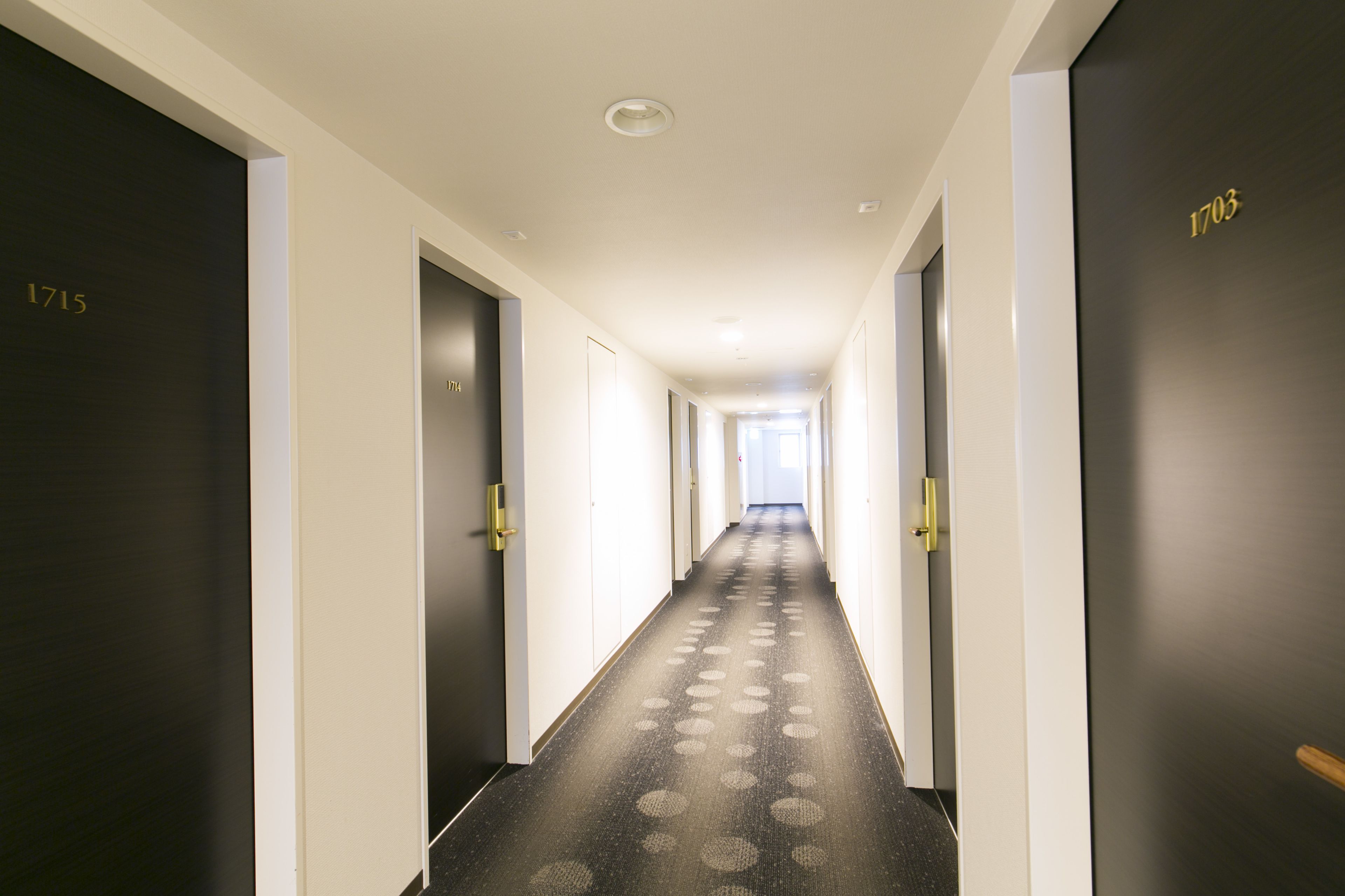 A hotel hallway with doors numbered 1715 and 1703, leading to rooms.
