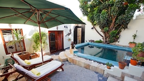 Un área junto a la piscina con sillones de descanso, una piscina pequeña y plantas en macetas.