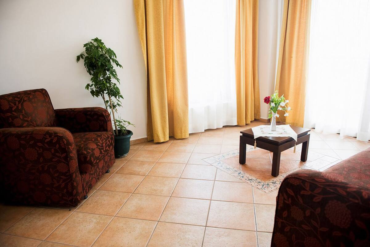 Una sala de estar con sofás estampados, una planta en maceta, una mesa de centro con un jarrón y una ventana con cortinas.