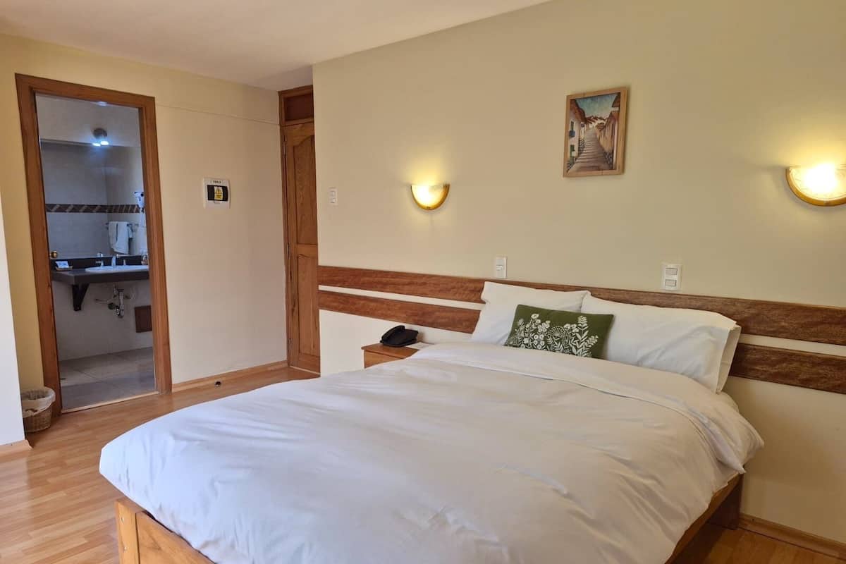 A bedroom with a wooden bed, white bedding, a green pillow, and two wall-mounted lights.