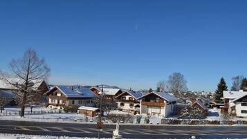 A residential area with snow-covered houses and a clear sky.