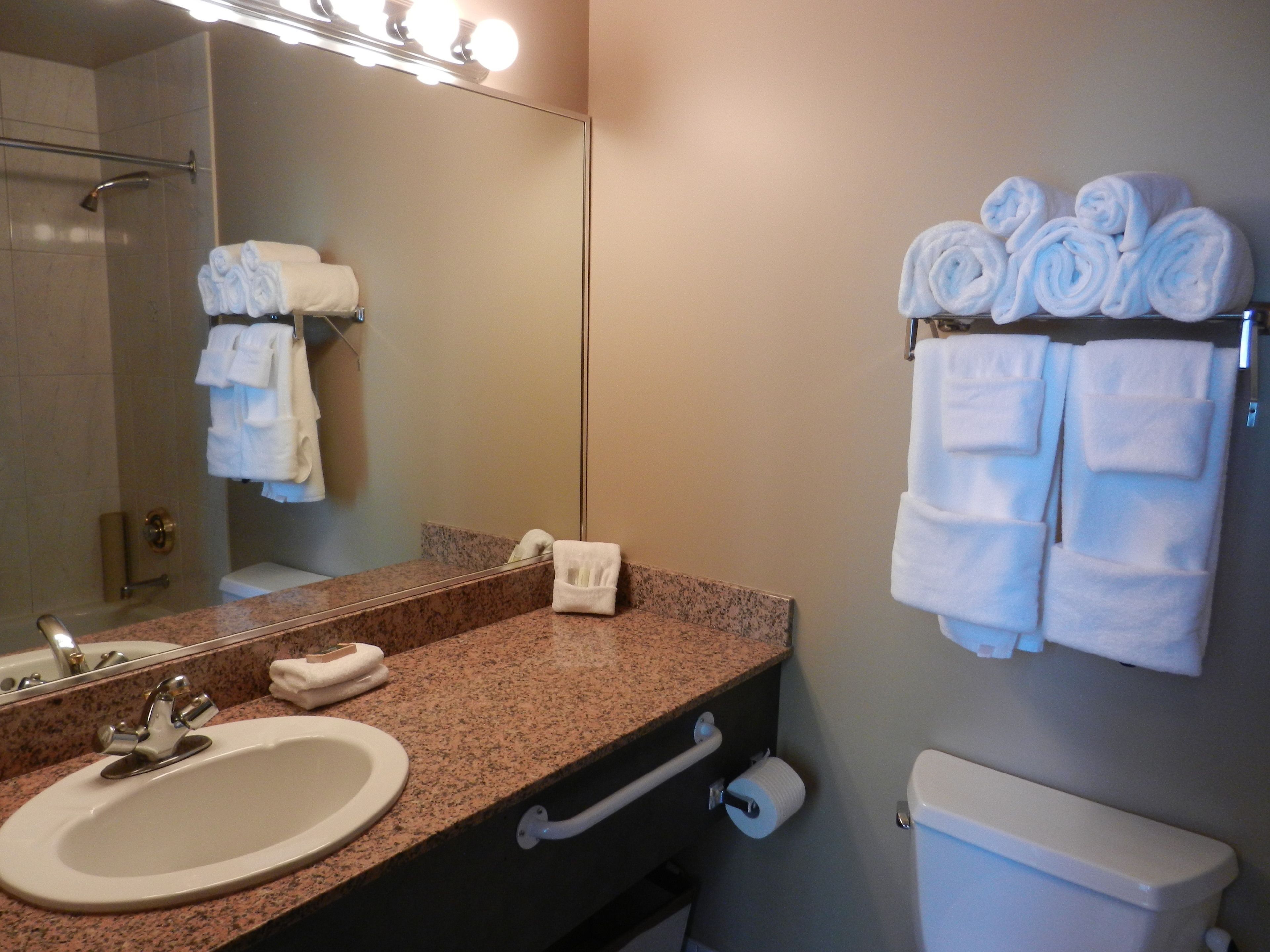 A bathroom with a sink, mirror, towel rack, toilet, and a shower area.