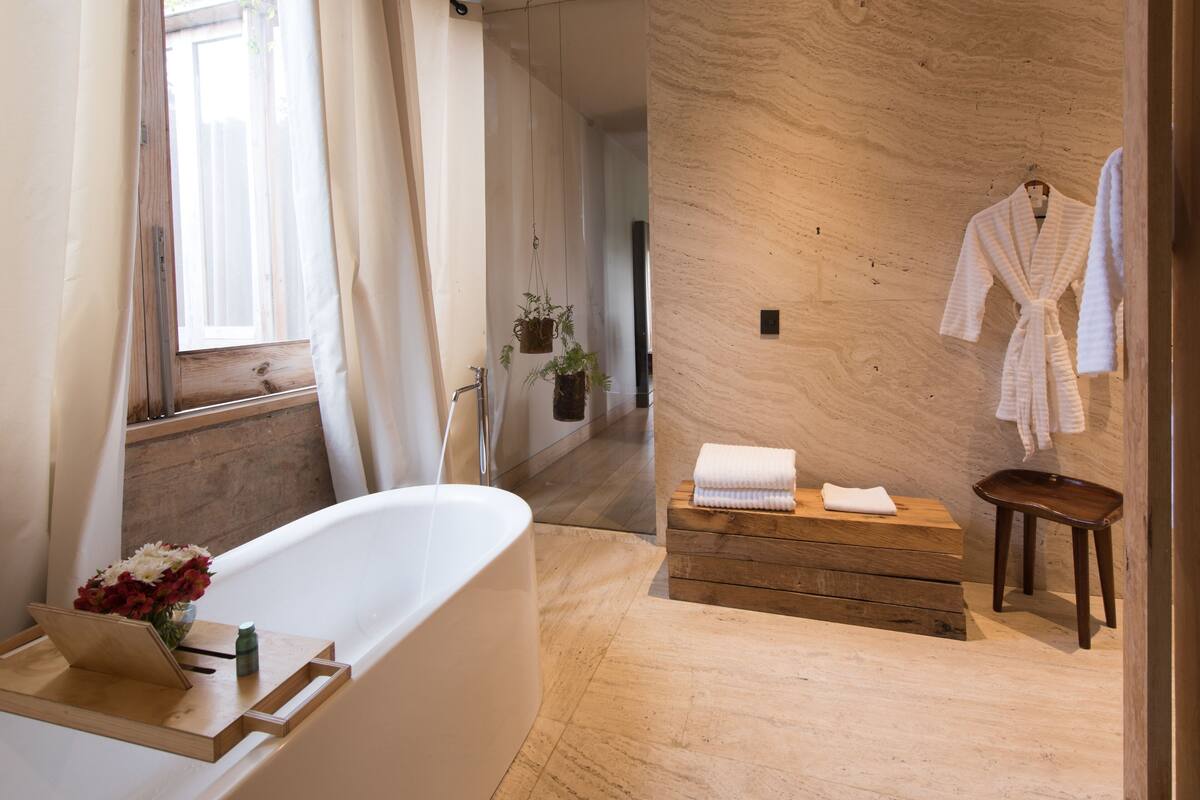 shower, rainfall showerhead, designer toiletries, hair dryer