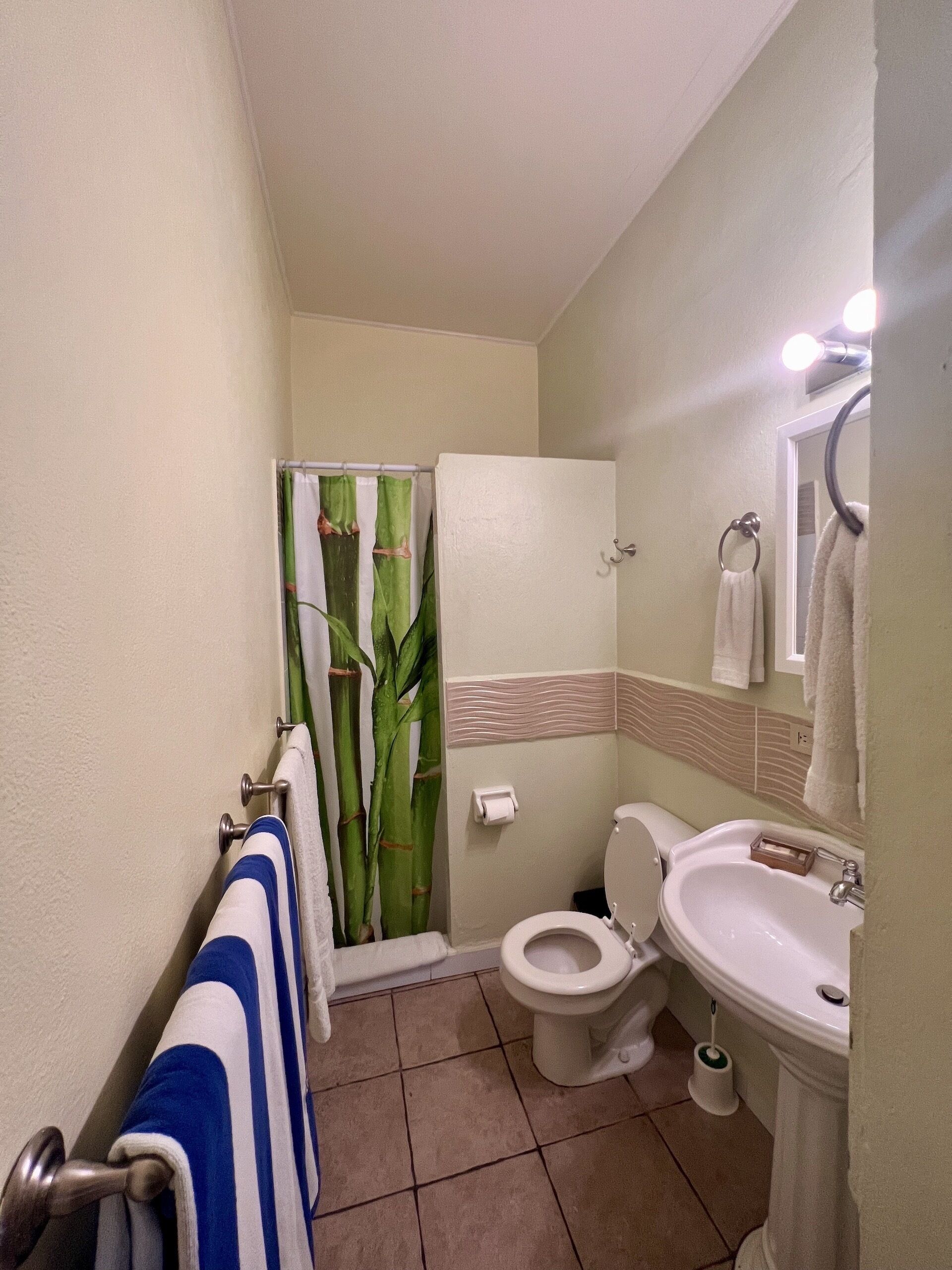 Un baño con inodoro, lavamanos y cortina de ducha.