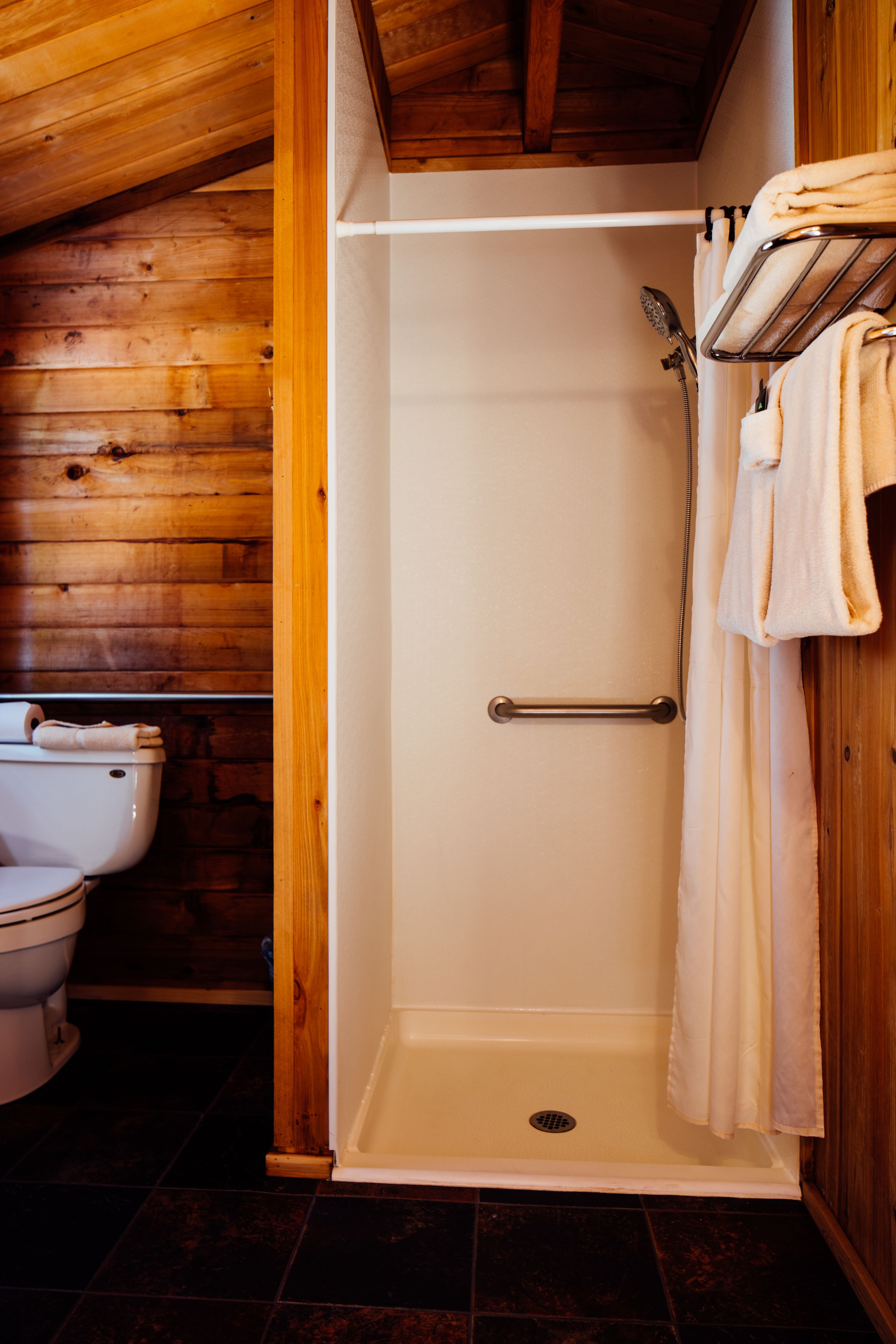 Une salle de bain intérieure au décor en bois, équipée d’une douche, de toilettes et d’un porte-serviettes.