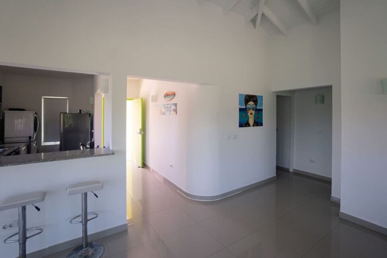 Una cocina amplia y moderna con barra, un pasillo decorado con obras de arte y una distribución diáfana y luminosa.