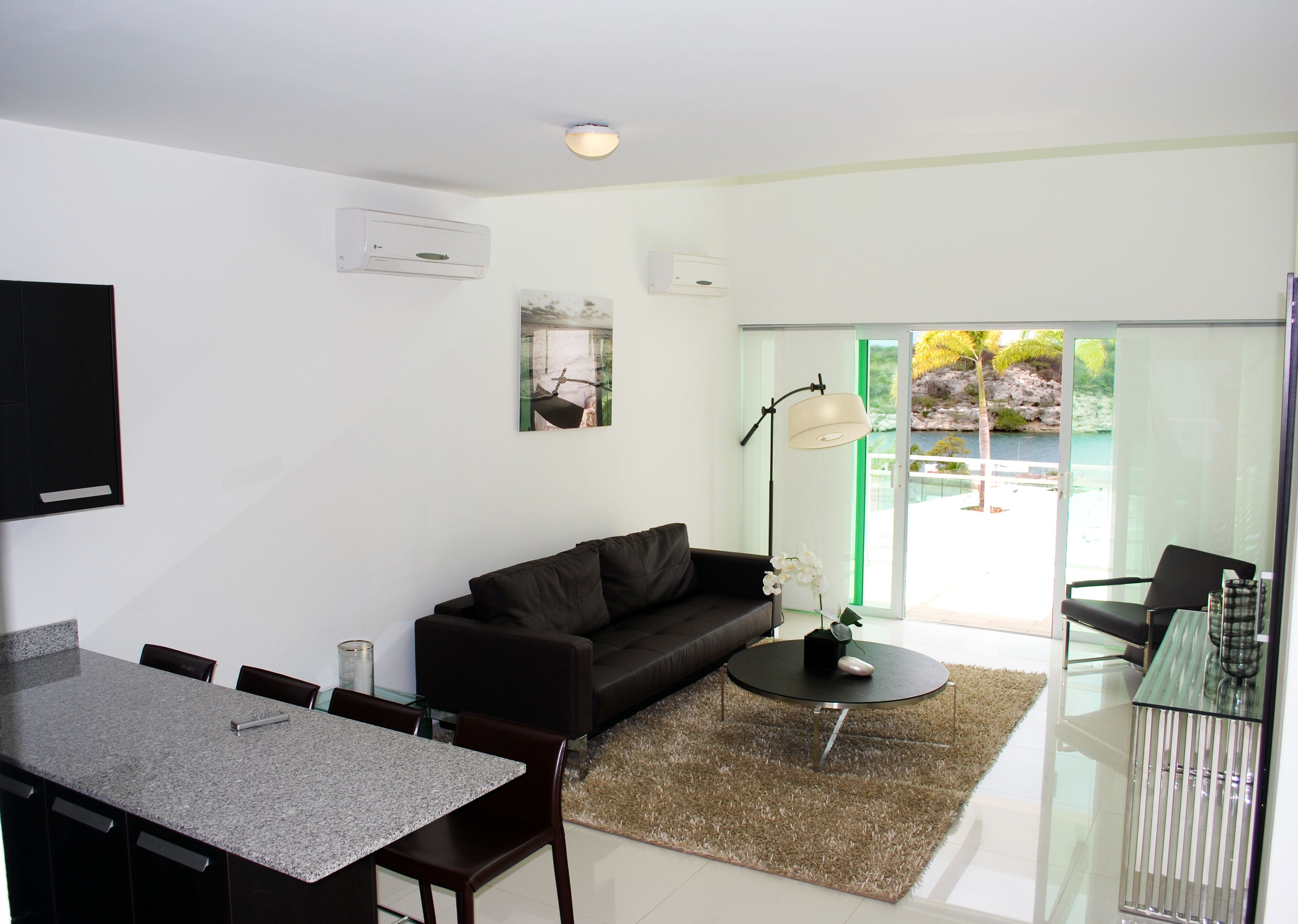 A modern living room with a dark brown sofa, a glass dining table, and a coffee table. There is a large window with a view of a natural landscape.