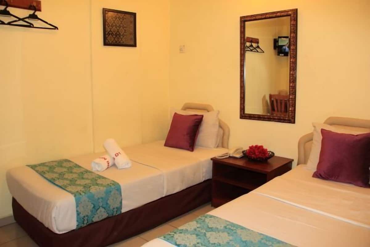 Une chambre d’hôtel avec deux lits, une petite table, une chaise, un miroir et un téléviseur fixé au mur.