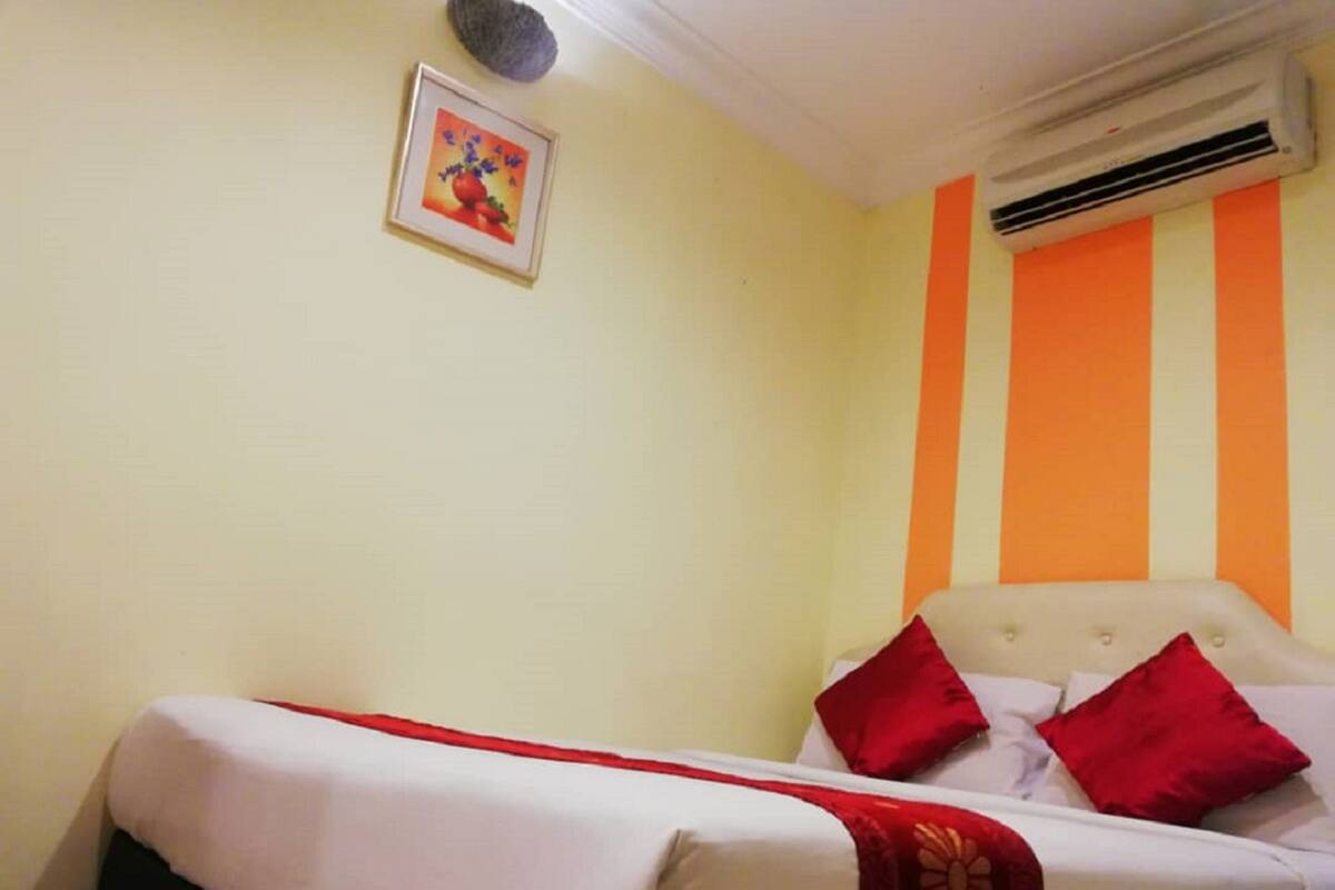 A bedroom with a bed, pillows, a wall-mounted air conditioner, and a framed picture.
