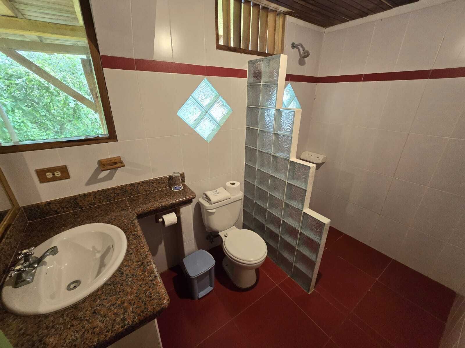 Un baño con lavamanos, inodoro y zona de ducha.