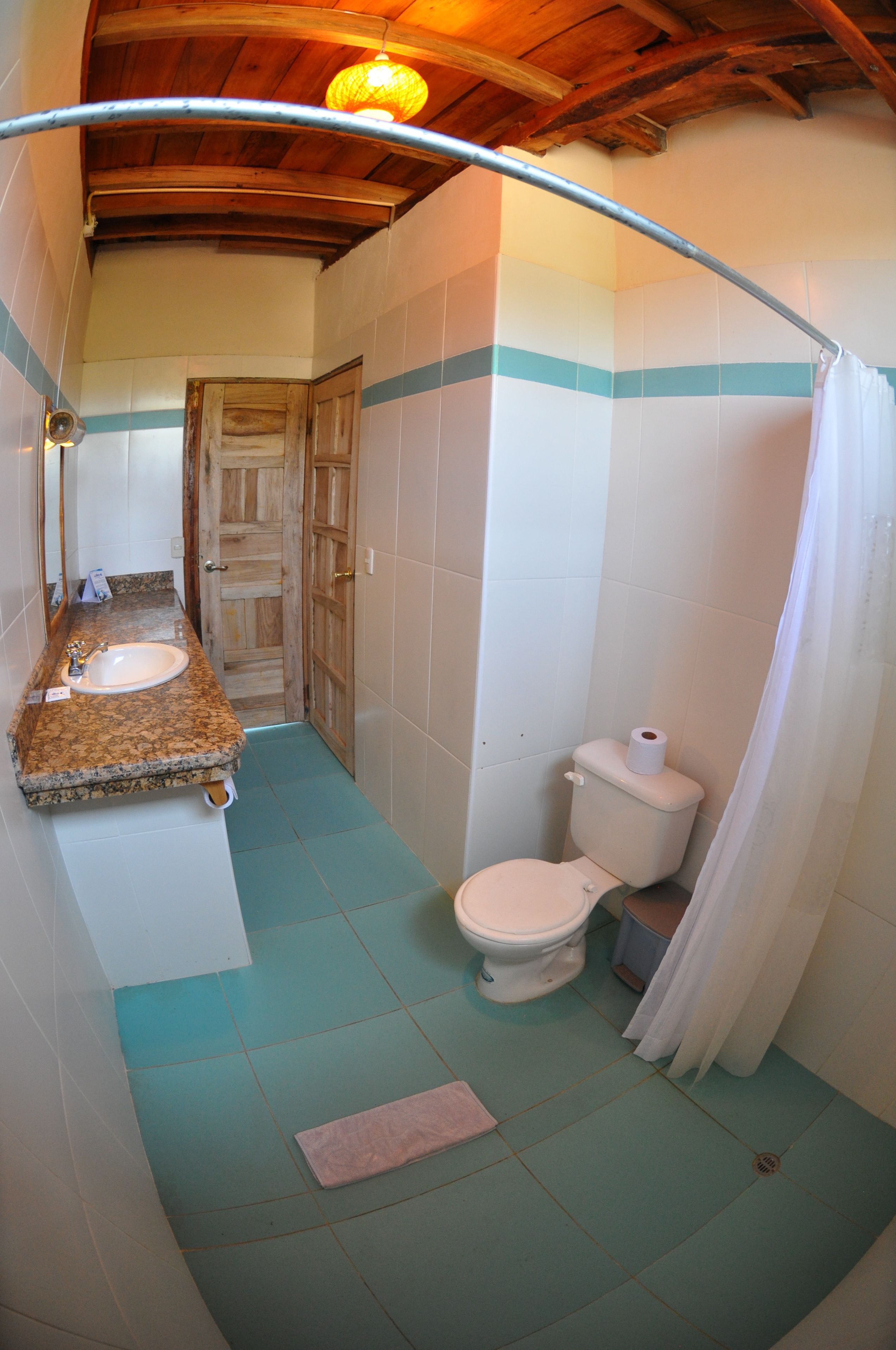 Ein Badezimmer mit Holztür, Toilette in Weiß und Waschbecken.