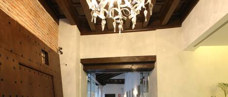 A hallway with a large chandelier, a wooden door, and a potted plant.