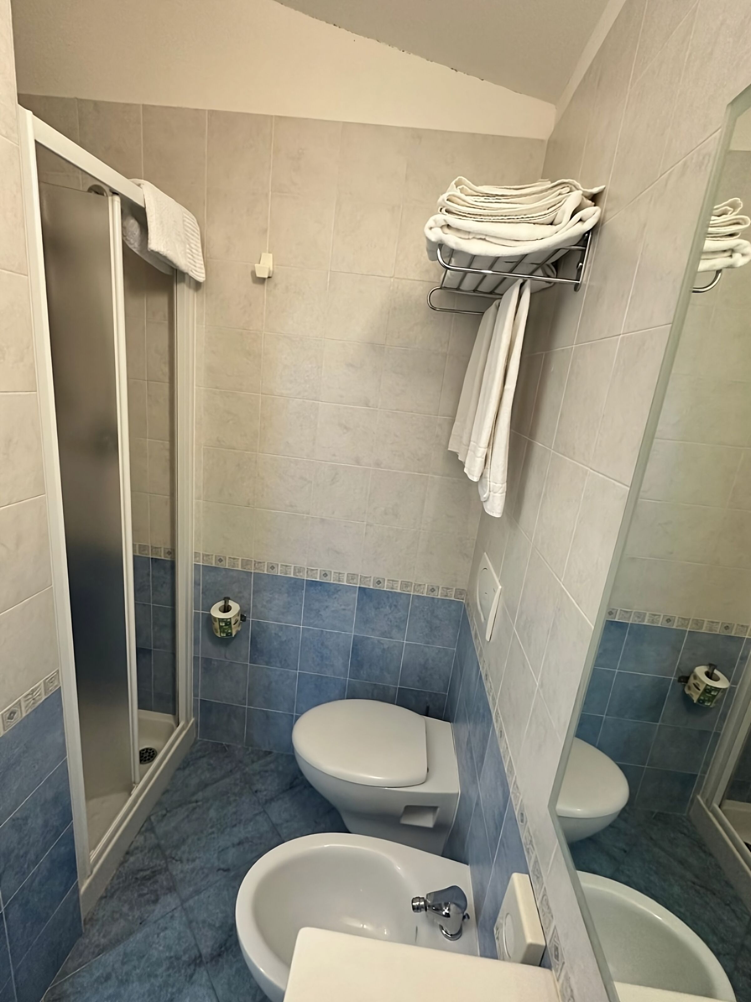 Un baño con ducha, inodoro, bidé y lavamanos.