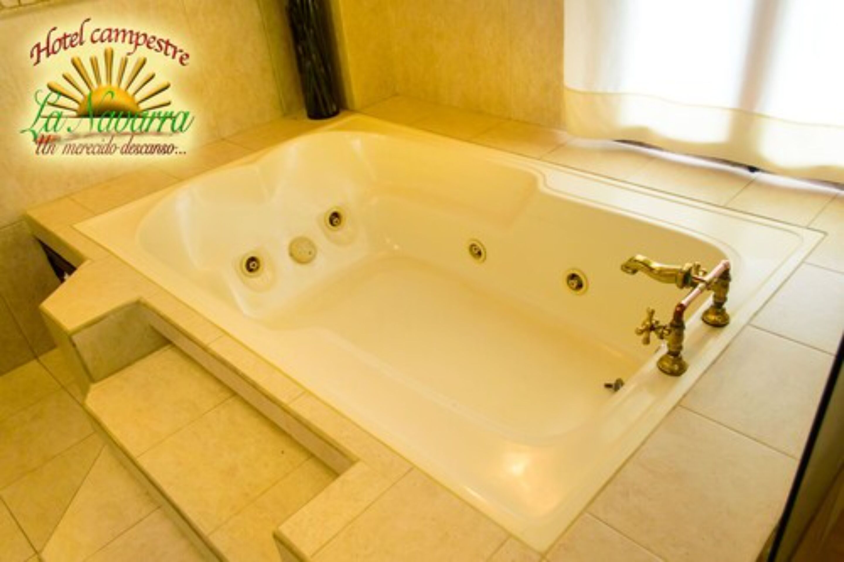 A large, rectangular bathtub with multiple faucets and a showerhead, a set of steps leading up to it, and a logo in the upper left corner.