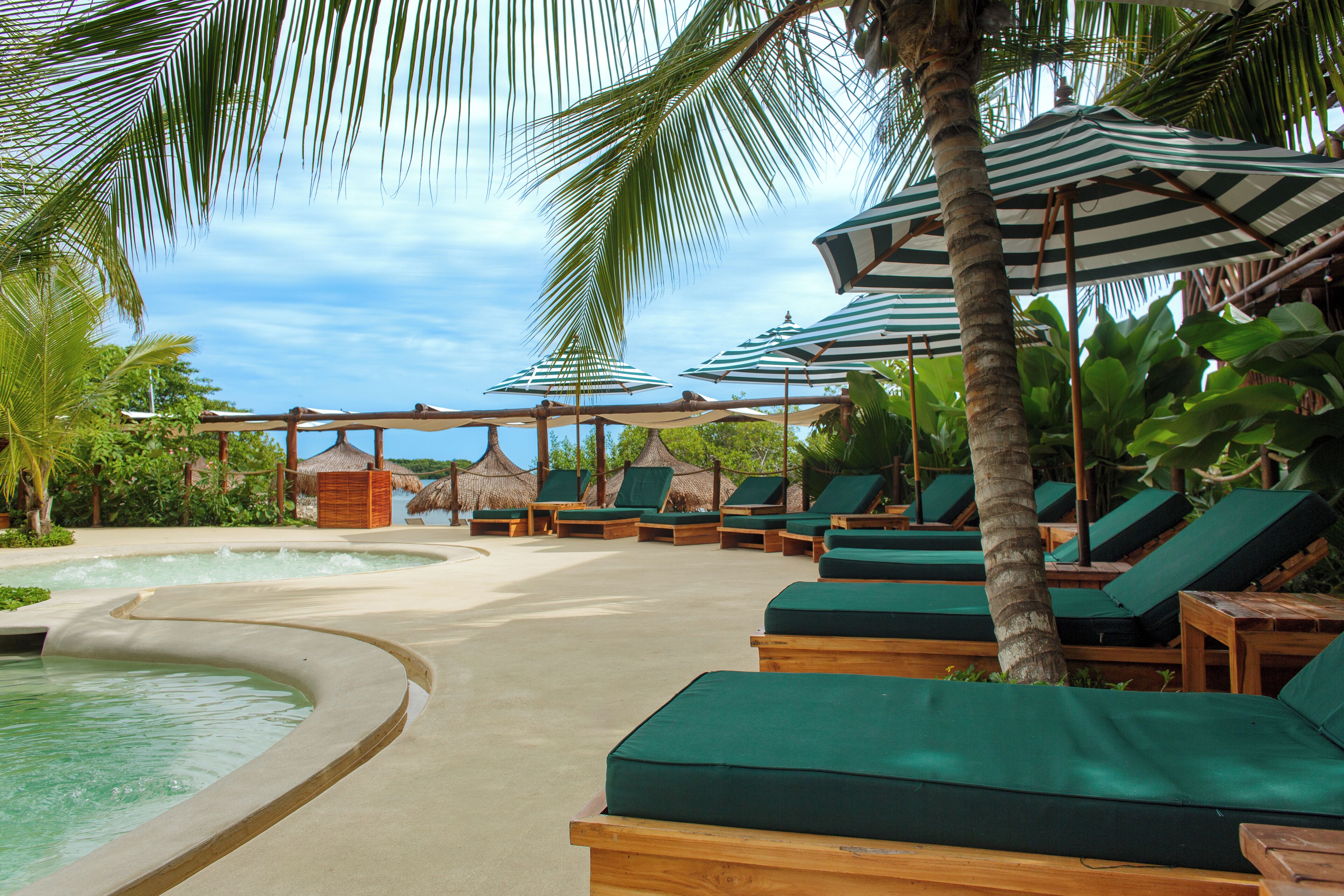 A poolside area with lounge chairs and umbrellas, surrounded by palm trees and a clear sky.