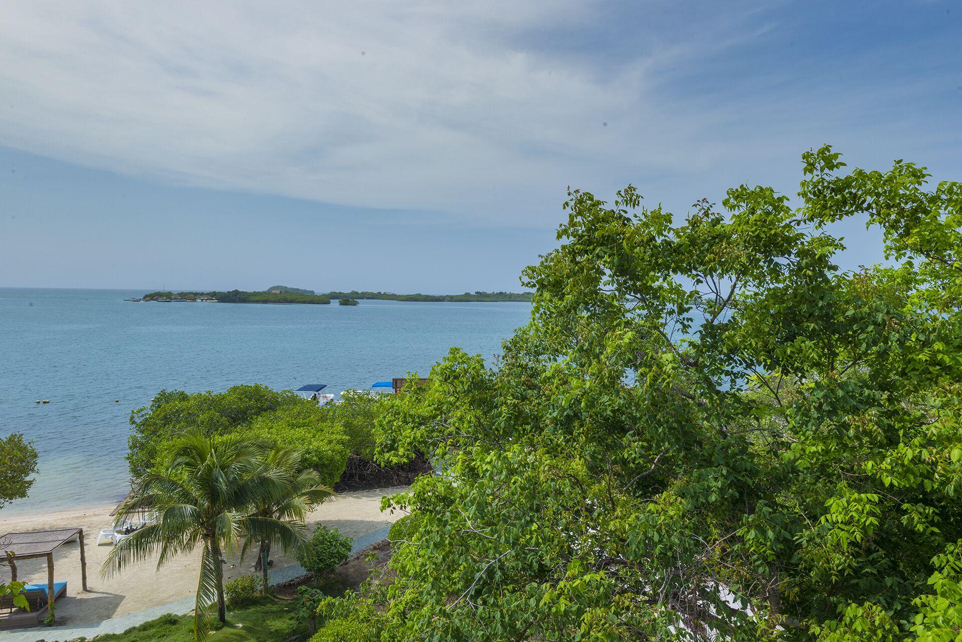 A beach with a clear view of the sea, a small island in the distance, and lush greenery in the foreground.