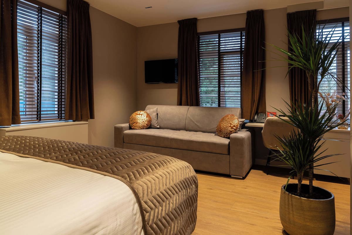 A hotel room with a bed, a sofa, a desk, a television, and a potted plant.