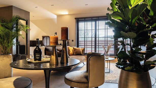 Een moderne woonkamer met een ronde tafel, twee stoelen, een bank en een grote potplant.