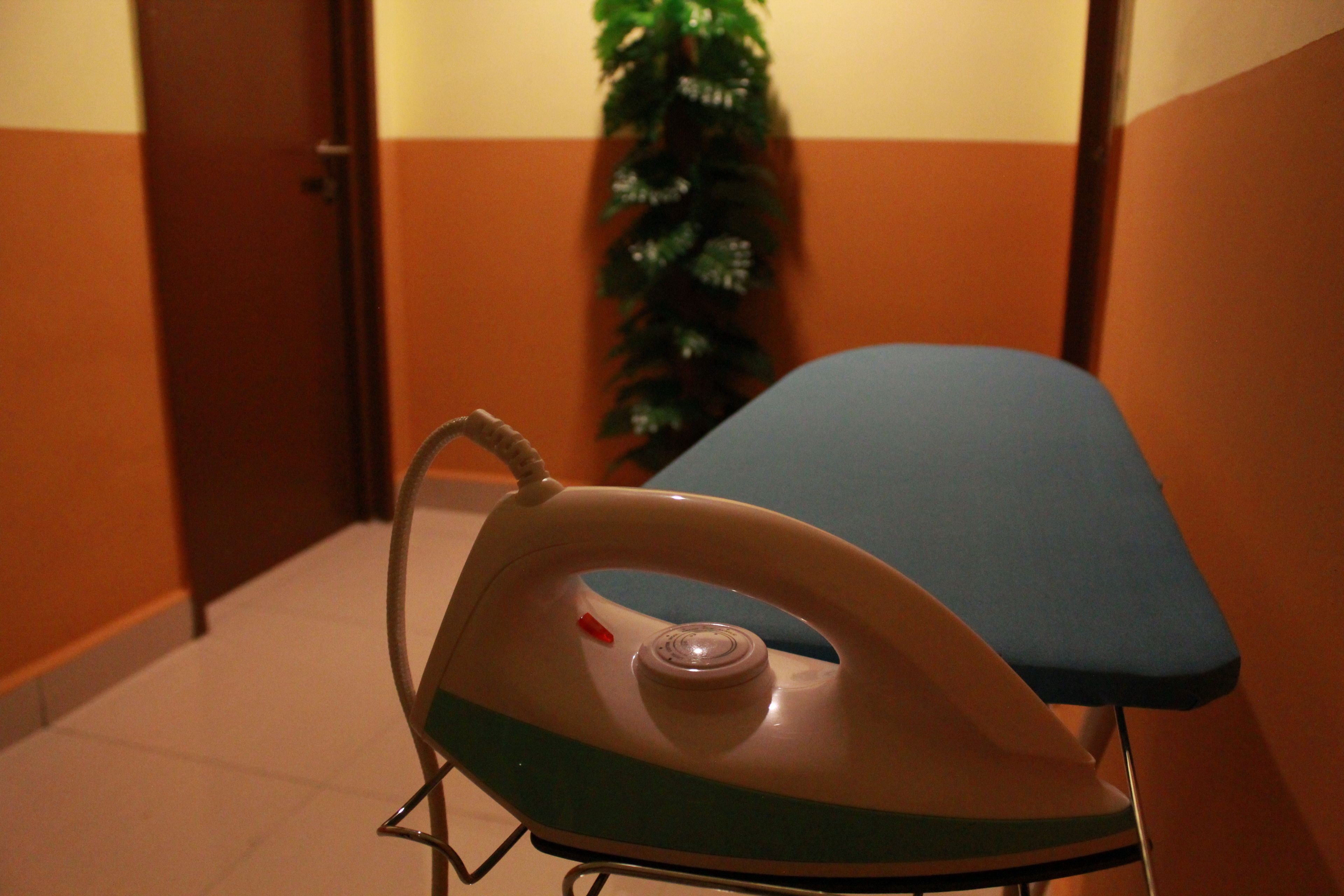 An iron on a stand in a hallway with a door and a plant in the background.
