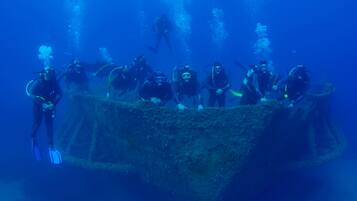 A group of divers exploring an underwater wreck.