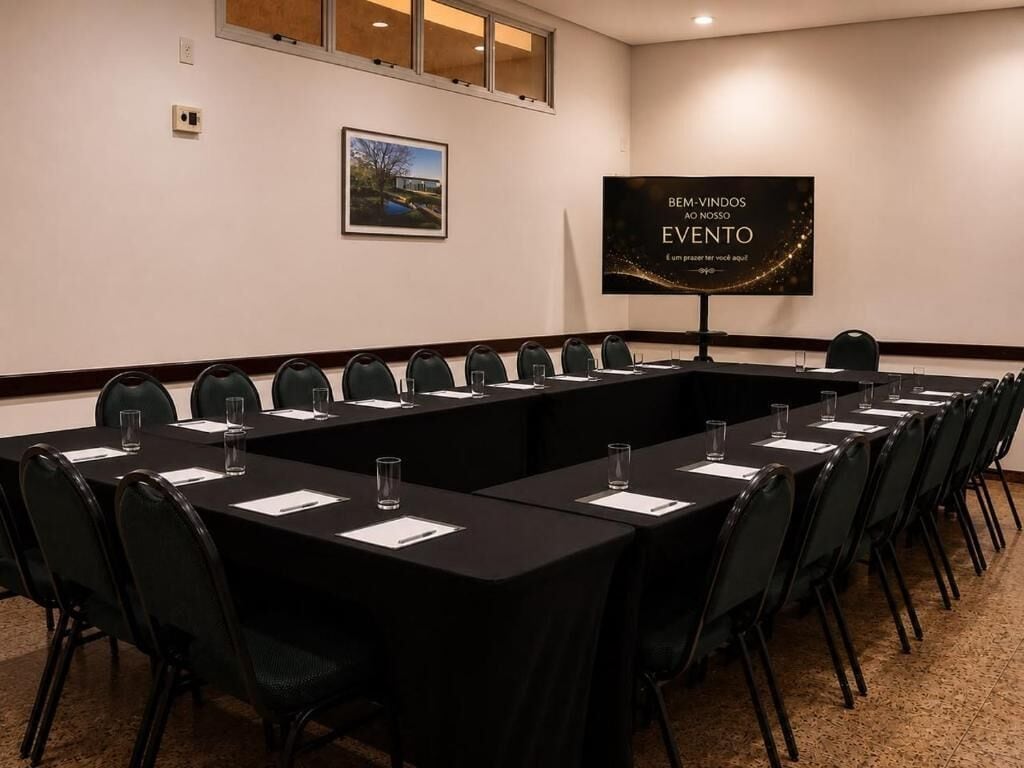 Une salle de conférence avec une longue table, des chaises et un écran affichant du texte.