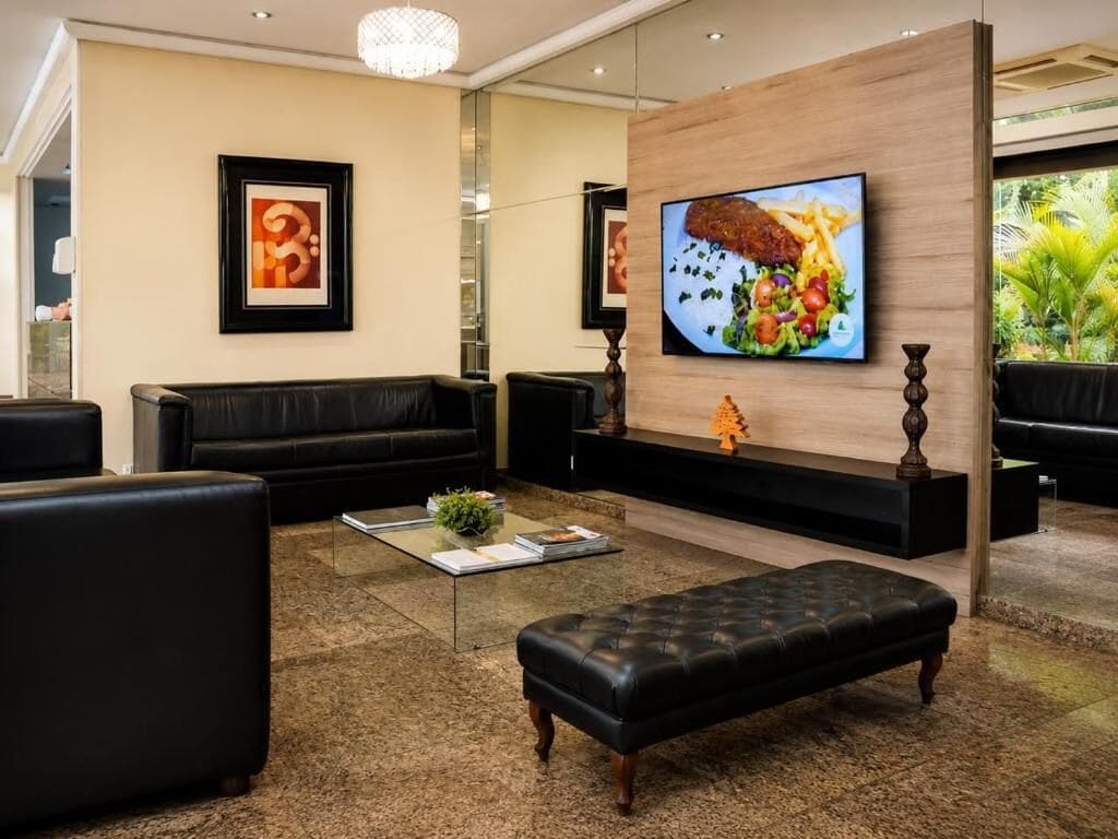 Um lobby moderno com um sofá de couro preto, uma mesa de centro de vidro e uma televisão de tela plana exibindo comida.