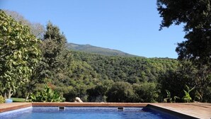 Una piscina al aire libre, sombrillas, tumbonas