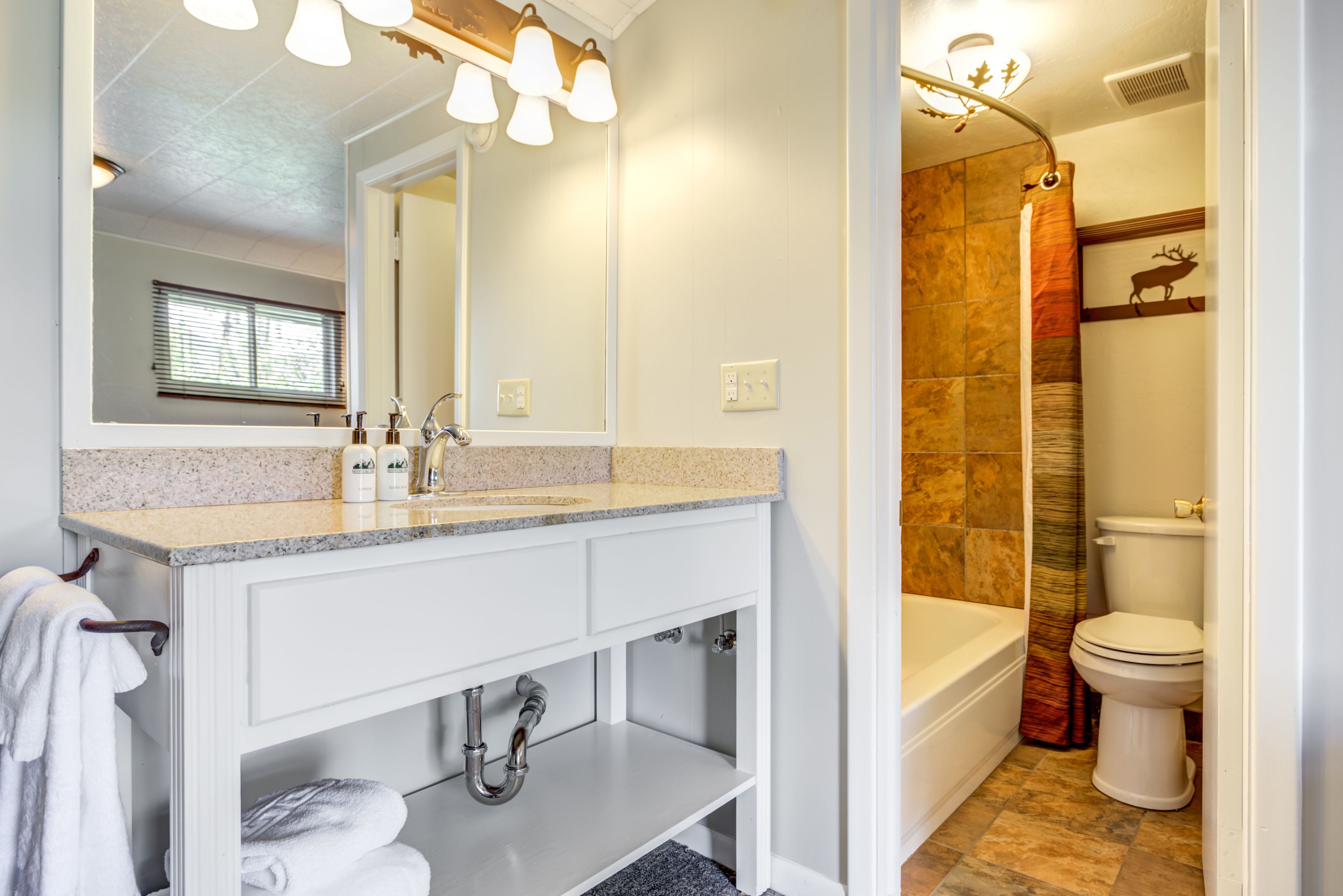 A bathroom with a white vanity, a large mirror, a bathtub, and a toilet.