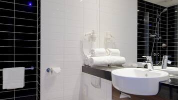 Shower, free toiletries, hair dryer, towels